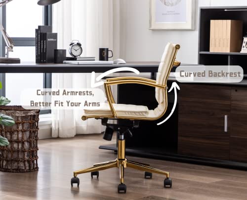 CIMOTA Leather Office Chair Comfortable Mid-Back Gold Office Desk Chair with Wheels and Arms Gold Frame Modern Ergonomic Conference Task Chair Swivel Chair for Teens Adults, PU Beige