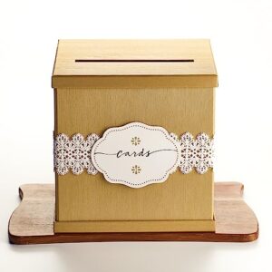 hayley cherie® - gold gift card box with white lace and cards label - 10" x 10" large size - for weddings, baby showers, birthdays, graduations, money