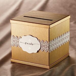 Hayley Cherie® - Gold Gift Card Box with White Lace and Cards Label - 10" x 10" Large Size - For Weddings, Baby Showers, Birthdays, Graduations, Money