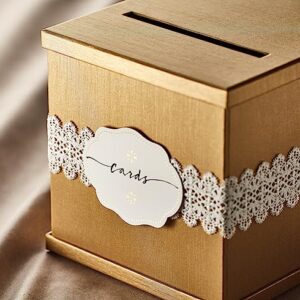 Hayley Cherie® - Gold Gift Card Box with White Lace and Cards Label - 10" x 10" Large Size - For Weddings, Baby Showers, Birthdays, Graduations, Money