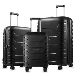 luggex carbon fiber pattern 3 piece luggage sets - impact-resistant pp material - high rebound toughness & anti-explosion zipper (black suitcase set)