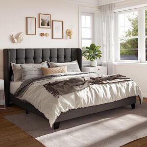 allewie king size platform bed frame with wingback, upholstered square stitched headboard and wooden slats, mattress foundation, box spring optional, easy assembly, dark grey