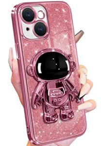 buleens for iphone 13 mini case astronaut, clear cases for iphone 13 mini with glitter paper & spaceman stand, women girls cute electroplated sparkly space phone cover for 13 mini