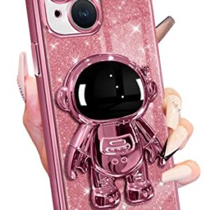 Buleens for iPhone 13 Mini Case Astronaut, Clear Cases for iPhone 13 Mini with Glitter Paper & Spaceman Stand, Women Girls Cute Electroplated Sparkly Space Phone Cover for 13 Mini