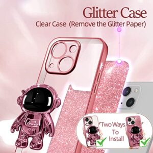 Buleens for iPhone 13 Mini Case Astronaut, Clear Cases for iPhone 13 Mini with Glitter Paper & Spaceman Stand, Women Girls Cute Electroplated Sparkly Space Phone Cover for 13 Mini