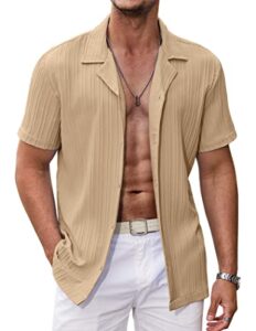 coofandy men's linen shirts short sleeve casual button down shirt for men fashion summer beach shirt khaki hawaiian shirt for men khaki - l