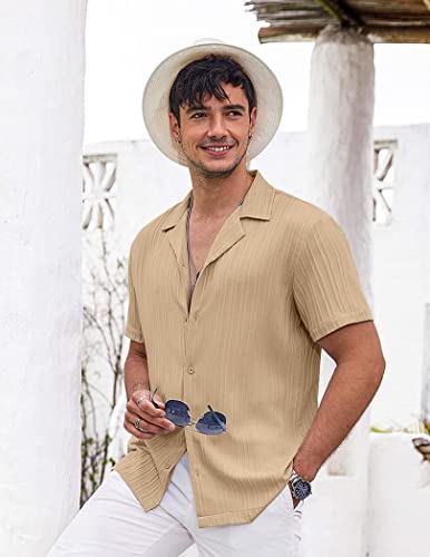 COOFANDY Men's Linen Shirts Short Sleeve Casual Button Down Shirt for Men Fashion Summer Beach Shirt Khaki Hawaiian Shirt for Men Khaki - L