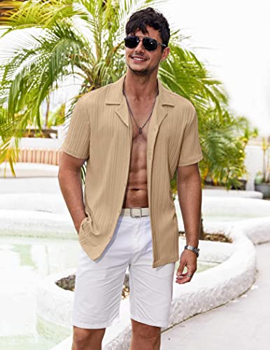 COOFANDY Men's Linen Shirts Short Sleeve Casual Button Down Shirt for Men Fashion Summer Beach Shirt Khaki Hawaiian Shirt for Men Khaki - L