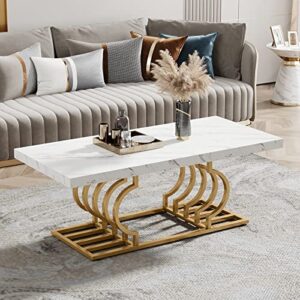 tribesigns modern coffee table, 47 inch faux marble cocktail table with geometric frame, rectangular center table tea table accent furniture for living room, simple assembly (white/gold)
