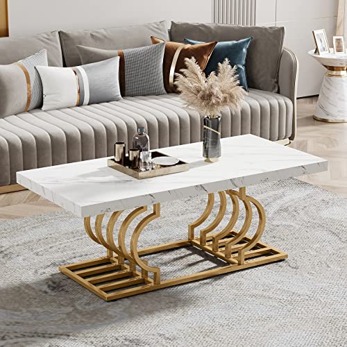 Tribesigns Modern Coffee Table, 47 Inch Faux Marble Cocktail Table with Geometric Frame, Rectangular Center Table Tea Table Accent Furniture for Living Room, Simple Assembly (White/Gold)