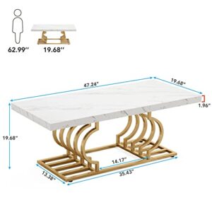 Tribesigns Modern Coffee Table, 47 Inch Faux Marble Cocktail Table with Geometric Frame, Rectangular Center Table Tea Table Accent Furniture for Living Room, Simple Assembly (White/Gold)