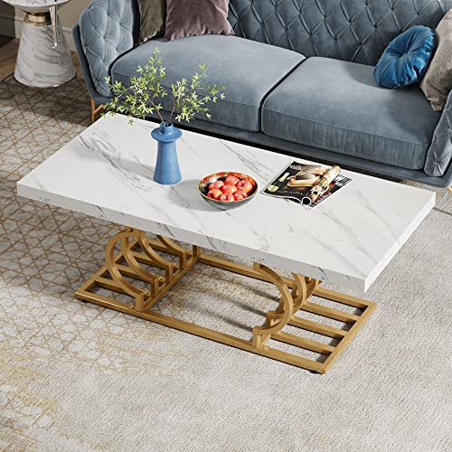 Tribesigns Modern Coffee Table, 47 Inch Faux Marble Cocktail Table with Geometric Frame, Rectangular Center Table Tea Table Accent Furniture for Living Room, Simple Assembly (White/Gold)