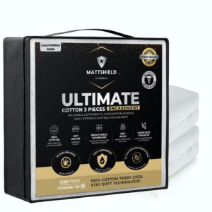 mattshield new ultimate bed bug defense 3-piece kit - california king mattress cover 100% cotton + 2 hypoallergenic zippered pillow protectors - 6 sides waterproof encasement