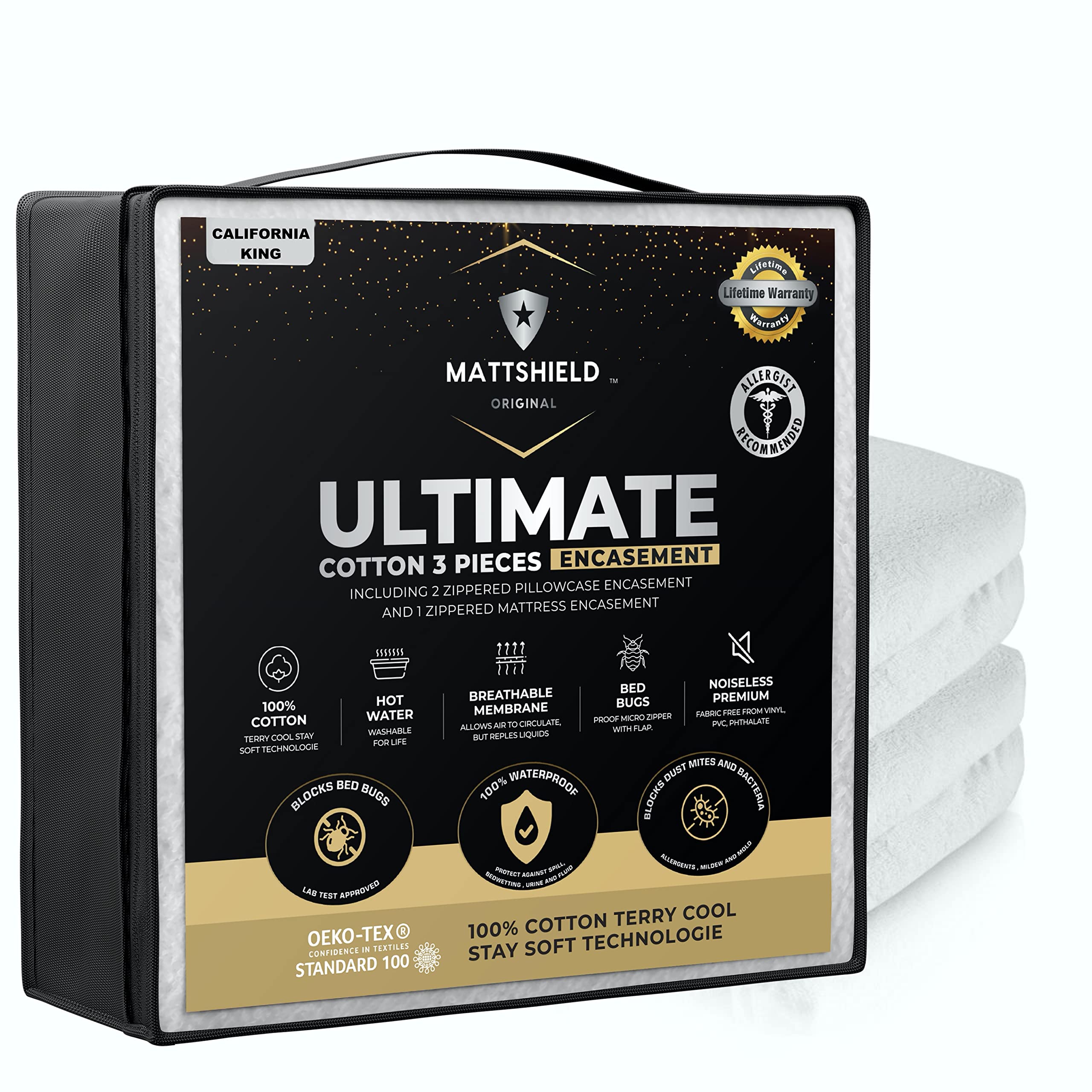 MATTSHIELD New Ultimate Bed Bug Defense 3-Piece Kit - California King Mattress Cover 100% Cotton + 2 Hypoallergenic Zippered Pillow Protectors - 6 Sides Waterproof Encasement