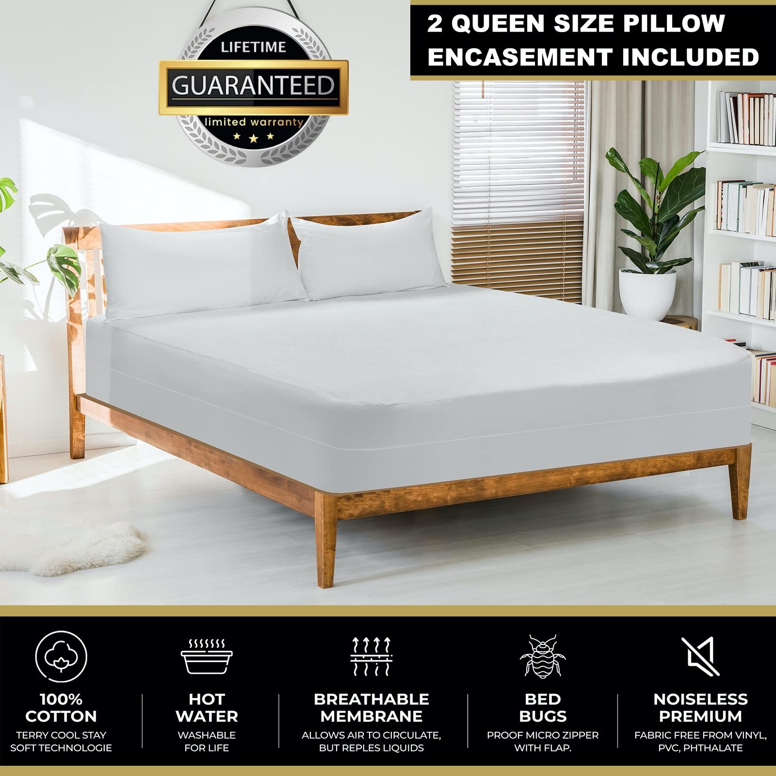 MATTSHIELD New Ultimate Bed Bug Defense 3-Piece Kit - California King Mattress Cover 100% Cotton + 2 Hypoallergenic Zippered Pillow Protectors - 6 Sides Waterproof Encasement