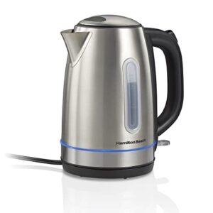 hamilton beach electric tea kettle, water boiler & heater, 1.7 liter, cordless serving, 1500 watts for fast boiling, auto-shutoff and boil-dry protection, stainless steel with led light ring (41037)