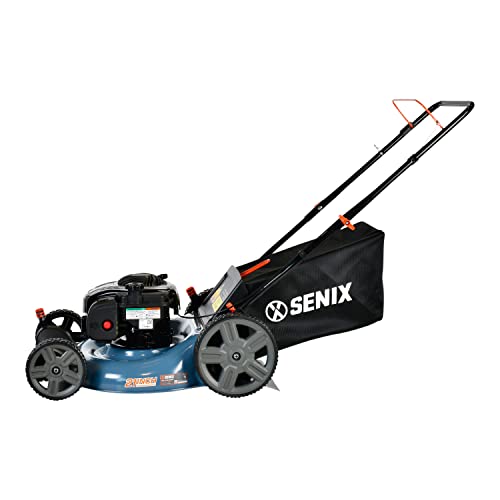 SENIX Gas Lawn Mower, 21-Inch, 140 cc 4-Cycle Briggs & Stratton Engine, 3-in-1 Push Lawnmower, 6-Position Height Adjustment with 11-Inch Rear Wheels, LSPG-M7, Blue