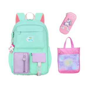 fmceuex kawaii backpack for boy girls, unicorn rainbow school backpacks,green aesthetic starry book bag with compartments applicable to laptop bag travel bag, green medium 16.5in