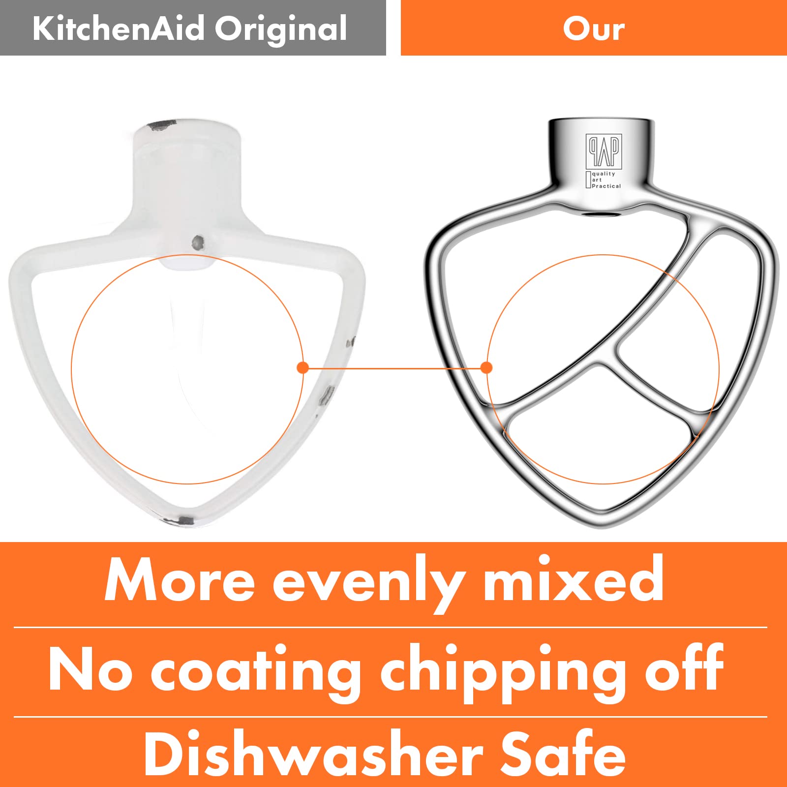 Flat Beater Replacement for KitchenAid 3.5 Qt. Tilt-Head Stand Mixers/Polished 18/8 Stainless Steel Accessories/No coating/Dishwasher Safe