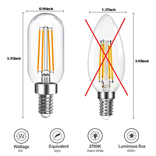 E12 LED Light Bulb 6W Dimmable 60W Equivalent 6-Pack, T6 T25 E12 Candelabra Bulb 600LM LED Filament Bulbs 2700K Warm White with Clear Glass for Chandeliers, Ceiling Fan,Pendant,Wall Sconce,CRI 95+