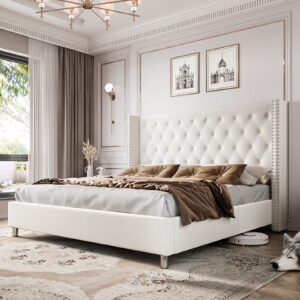 papajet bed frame queen size upholstered bed velvet low profile platform bed with raised wingback headboard/no box spring needed/easy assembly/cream