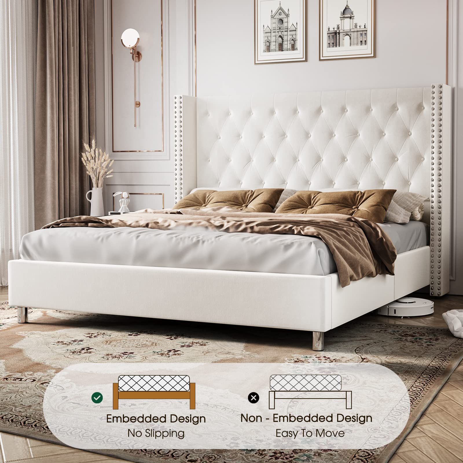 PaPaJet Bed Frame Queen Size Upholstered Bed Velvet Low Profile Platform Bed with Raised Wingback Headboard/No Box Spring Needed/Easy Assembly/Cream