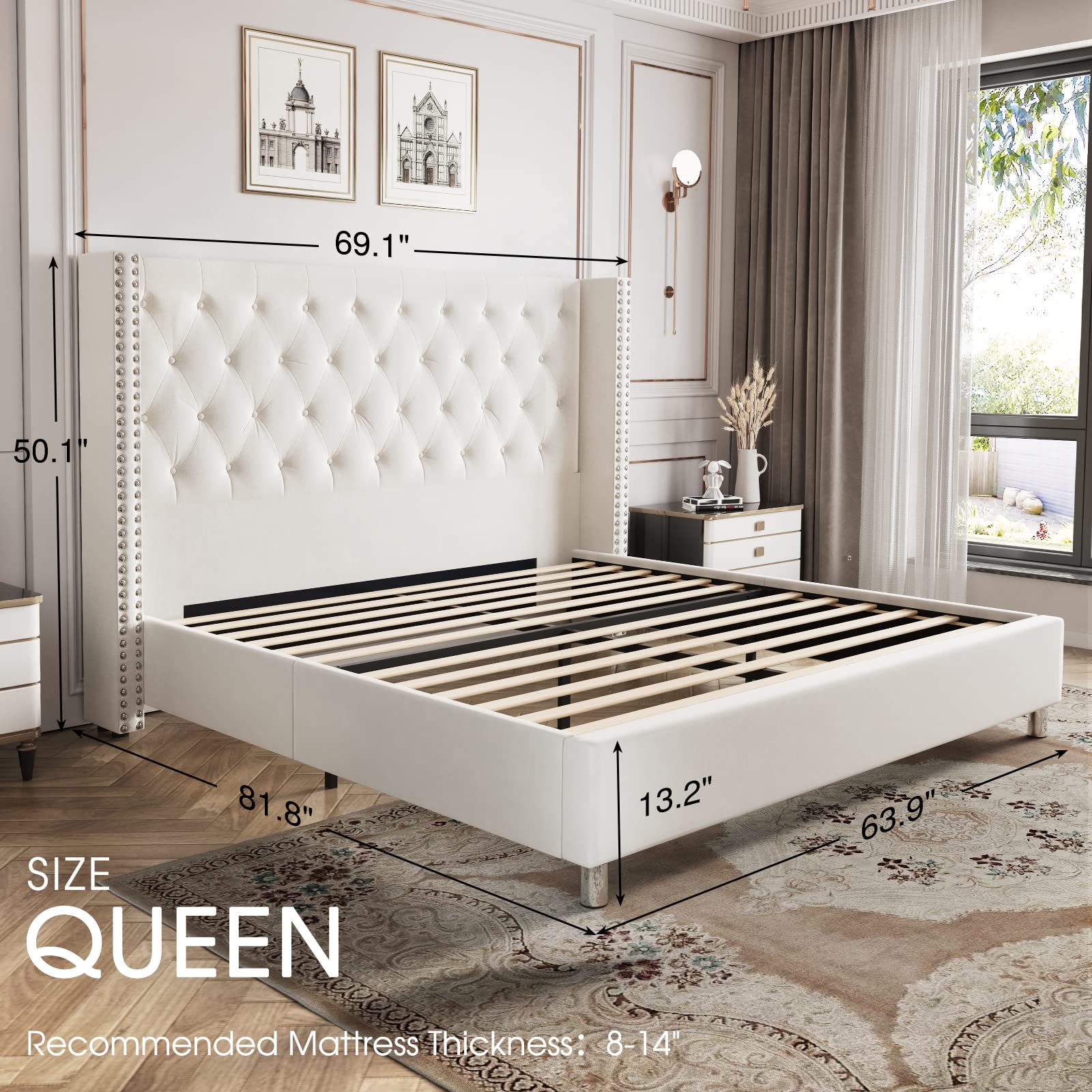 PaPaJet Bed Frame Queen Size Upholstered Bed Velvet Low Profile Platform Bed with Raised Wingback Headboard/No Box Spring Needed/Easy Assembly/Cream