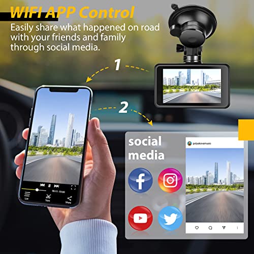 Dash Cam Front and Rear with WiFi, 1080P FHD Dash Camera for Cars, Dual Dashcam with 3 Inch Display, Super Night Vision, 170° Wide Angle, G-Sensor, Loop Recording, Parking Monitor, Support 128GB Max