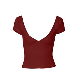 Argeousgor Women Y2k Round Neck Crop Tees Short Sleeve Slim Fit Cropped Top Solid Color Stretchy Tshirt Fashion Shirts Outfit E-red