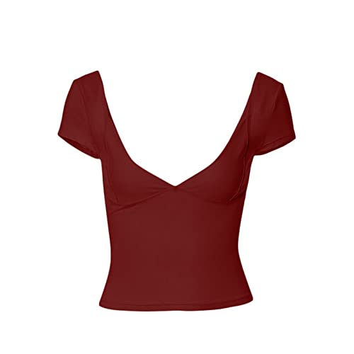 Argeousgor Women Y2k Round Neck Crop Tees Short Sleeve Slim Fit Cropped Top Solid Color Stretchy Tshirt Fashion Shirts Outfit E-red