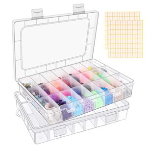2 pack 24 grids clear plastic organizer box, storage container with adjustable divider, craft and bead storage organizer box for diy jewelry tackles with 2 sheets label stickers