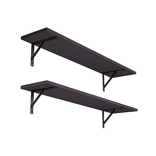 DINZI LVJ Long Wall Shelves, 31.5 Inch Wall Mounted Shelves Set of 2, Easy-to-Install, Wall Storage Ledges with Sturdy Metal Brackets for Living Room, Bathroom, Bedroom, Kitchen, Espresso