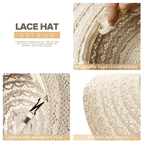 Sun Hat Womens, Beach Floppy Hats for Women Foldable, Wide Brim Summer Packable Lace Sun Beach Floppy Hats Women Beige