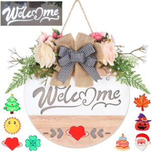 interchangeable welcome sign with automatic induction light, welcome sign for front door, welcome door sign with 8 interchangeable seasonal icons, welcome sign wall hanging farmhouse(wood grain)