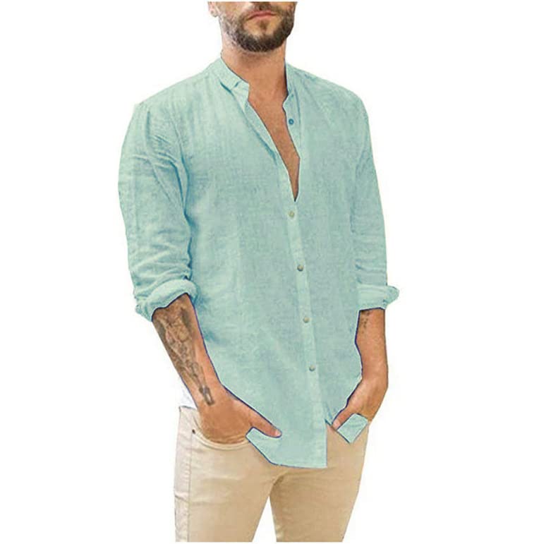 SIR7 Men's Long Sleeve Linen Shirts Casual Button Down Beach Quick Drying Shirts Green Small