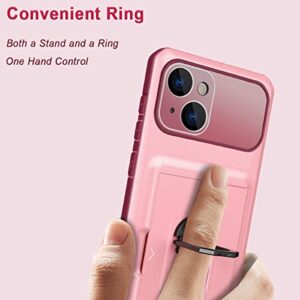 WATEFULL for iPhone 14 Case Wallet Card Holder with Kickstand Ring, iPhone 14 Case Cover 6.1” with Sliding Card Slot Hybrid Shockproof Bumper [Integrated Camera Cover] with 1 Screen Protector (Pink)
