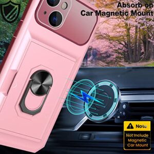 WATEFULL for iPhone 14 Case Wallet Card Holder with Kickstand Ring, iPhone 14 Case Cover 6.1” with Sliding Card Slot Hybrid Shockproof Bumper [Integrated Camera Cover] with 1 Screen Protector (Pink)