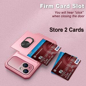 WATEFULL for iPhone 14 Case Wallet Card Holder with Kickstand Ring, iPhone 14 Case Cover 6.1” with Sliding Card Slot Hybrid Shockproof Bumper [Integrated Camera Cover] with 1 Screen Protector (Pink)