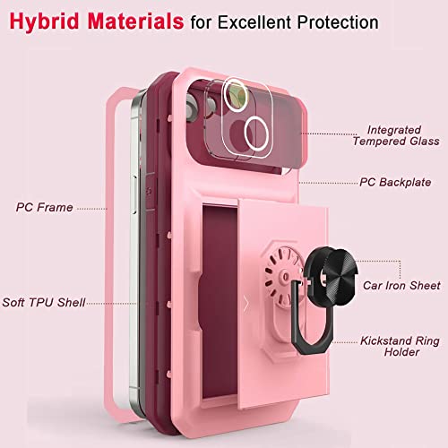 WATEFULL for iPhone 14 Case Wallet Card Holder with Kickstand Ring, iPhone 14 Case Cover 6.1” with Sliding Card Slot Hybrid Shockproof Bumper [Integrated Camera Cover] with 1 Screen Protector (Pink)