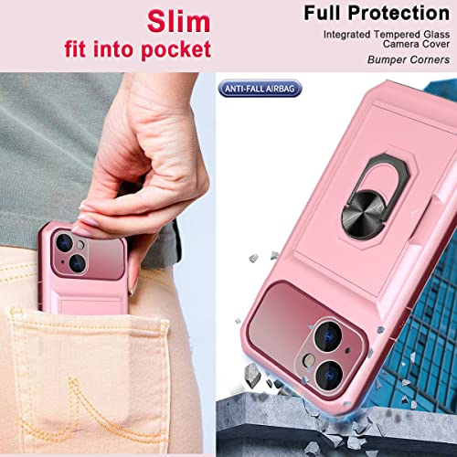 WATEFULL for iPhone 14 Case Wallet Card Holder with Kickstand Ring, iPhone 14 Case Cover 6.1” with Sliding Card Slot Hybrid Shockproof Bumper [Integrated Camera Cover] with 1 Screen Protector (Pink)