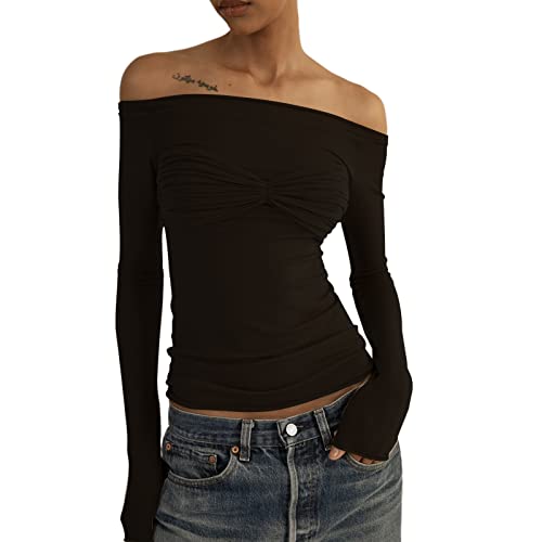 Women's Sexy Crop Top Long Sleeve Off Shoulder Going Out Tops Slim Fit Mesh Ruched Twisted Blouse Y2K T Shirt