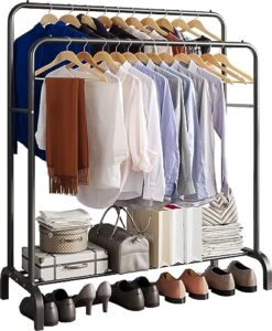 gissar metal clothing rack, double rod garment rack with bottom shelf for hanging clothes, coats, skirts, shirts, sweaters, boxes shoes boots storage organize, height 57", black