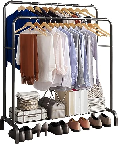 GISSAR Metal Clothing Rack, Double Rod Garment Rack with Bottom Shelf for Hanging Clothes, Coats, Skirts, Shirts, Sweaters, Boxes Shoes Boots Storage Organize, Height 57", Black