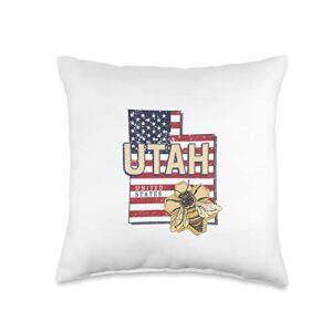 utah with bee united states retro map vintage usa souvenir throw pillow, 16x16, multicolor