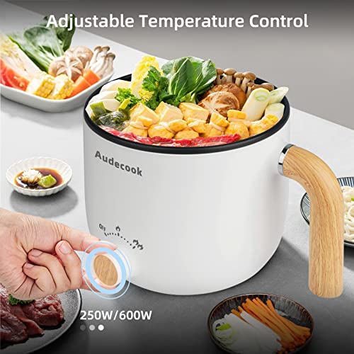 Audecook Hot Pot Electric with Steamer, 1.5L Portable Non-Stick Mini Rapid Ramen Cooker, Travel Multifunctional Electric Skillet with Dual Power Control for Pasta/Soup/Steak/Egg/Oatmeal (White)