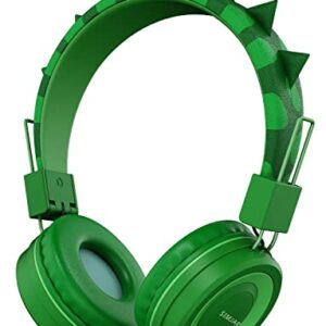 SIMJAR Kids Bluetooth Headphones with Microphone for School, Dinosaur Over-Ear Kids Wireless Headphones with Volume Limiter 94dB, Foldable Adjustable Headband for iPad/Airplane/Travel/Tablet (Green)