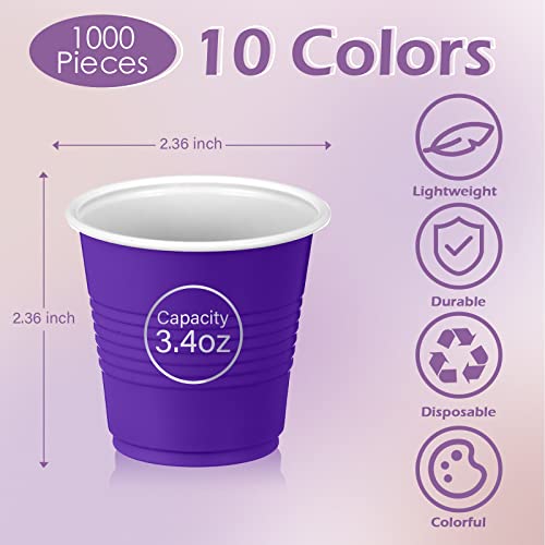 1000 Pack 3.4 Oz/100 ml Plastic Party Kids Cups Bulk Colored Mini Plastic Shot Glasses Disposable Bathroom Cup Small Drinking Cups Tasting Cups for Graduation Bridal Party Baby Shower, 10 Colors