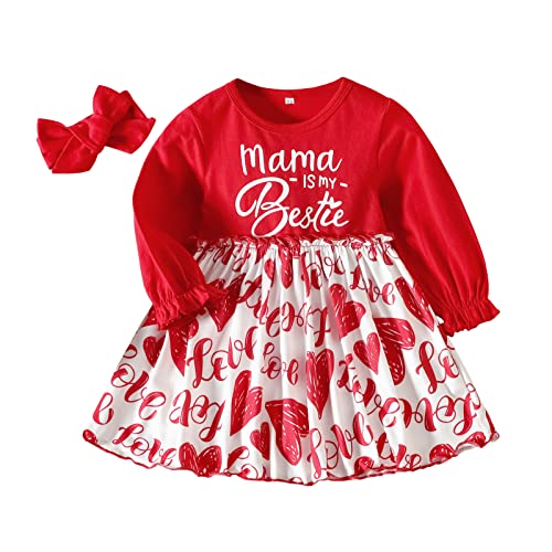 Camidy Baby Girl Dress Infant Girls Long Sleeve Casual Dress Toddler Heart Print A-Line Dress with Bowknot Headband Red