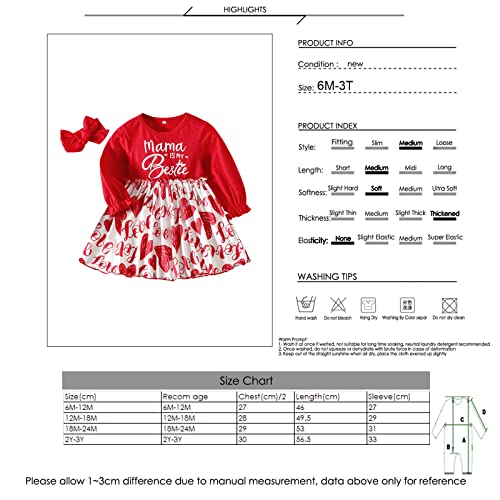 Camidy Baby Girl Dress Infant Girls Long Sleeve Casual Dress Toddler Heart Print A-Line Dress with Bowknot Headband Red