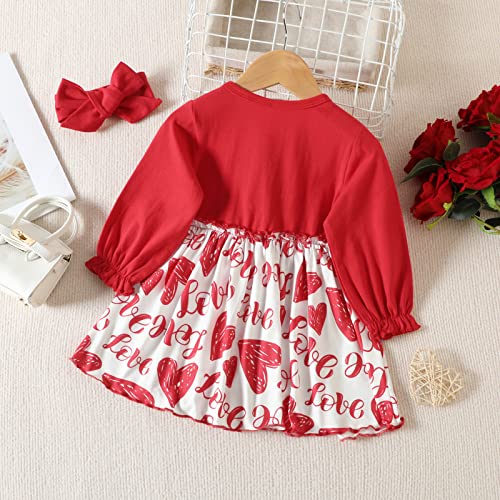 Camidy Baby Girl Dress Infant Girls Long Sleeve Casual Dress Toddler Heart Print A-Line Dress with Bowknot Headband Red